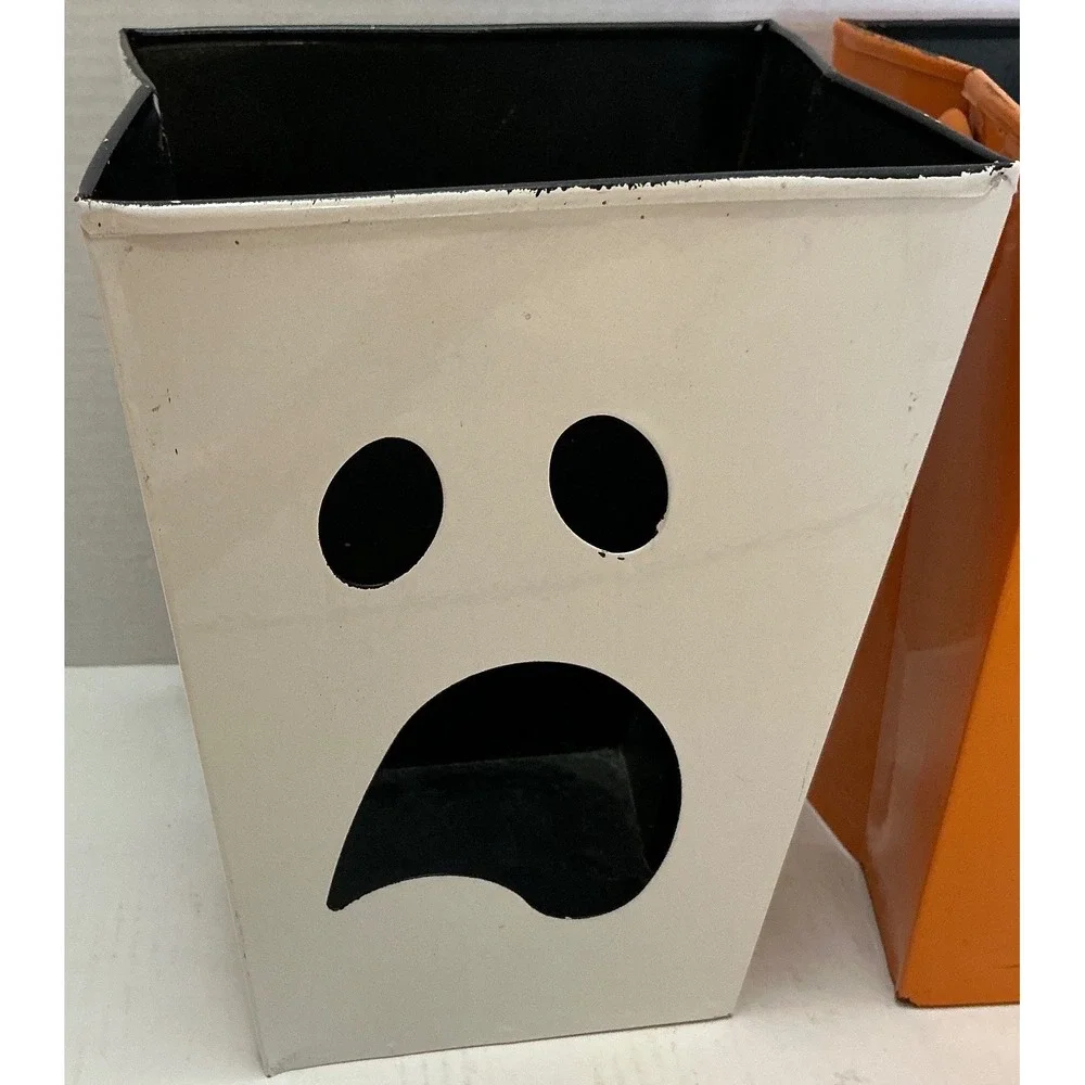 Halloween Metal Buckets Ghost Jack-O-Lantern Cutout Decor Set of 2 Orange White